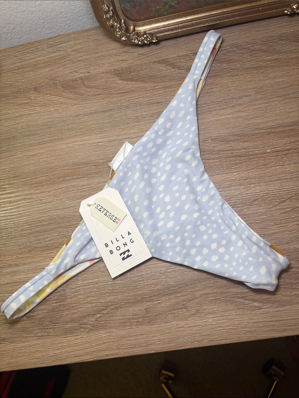 NWT Billabong Reversible Light Blue and White Polka Dot/ Floral Bikini Bottom
